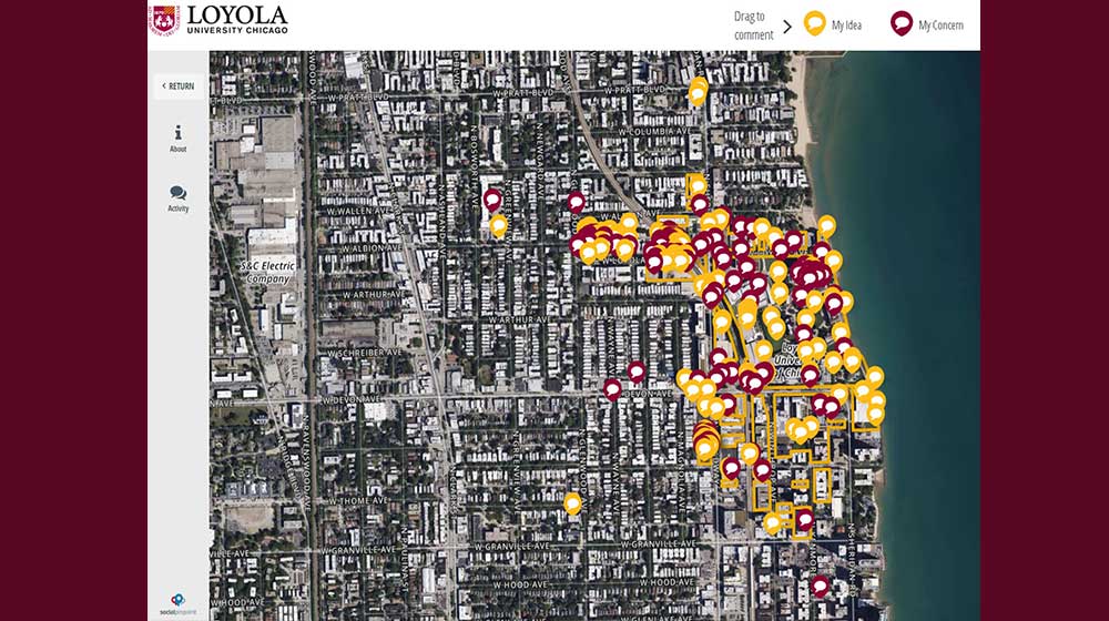 Screenshot of satellite map view of Rogers Park with maroon and gold icons marking comments and thoughts from users